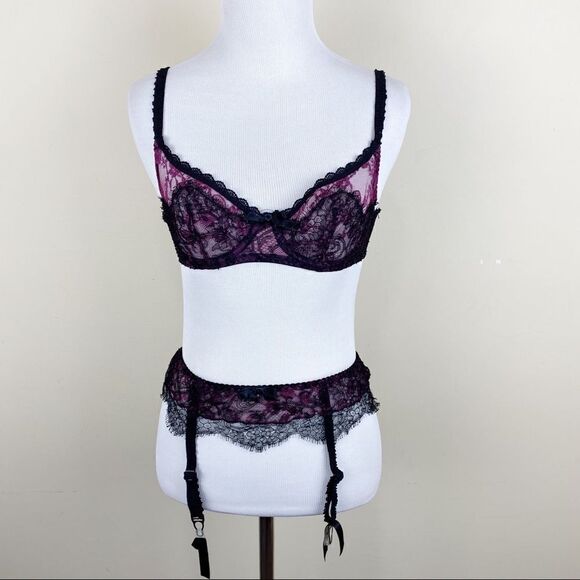 Agent Provocateur Purple Black Bra Garter Set 32B - Picture 1 of 8